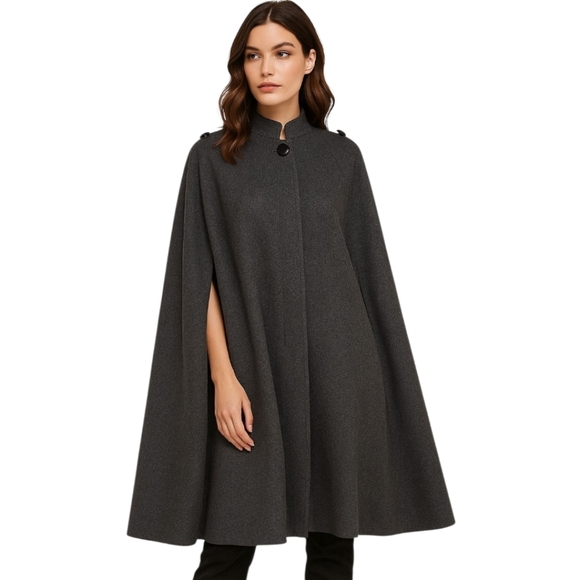 Vintage C’est Simone Charcoal Gray Wool Cape Small 70s Full Length Buttoned - Picture 1 of 14